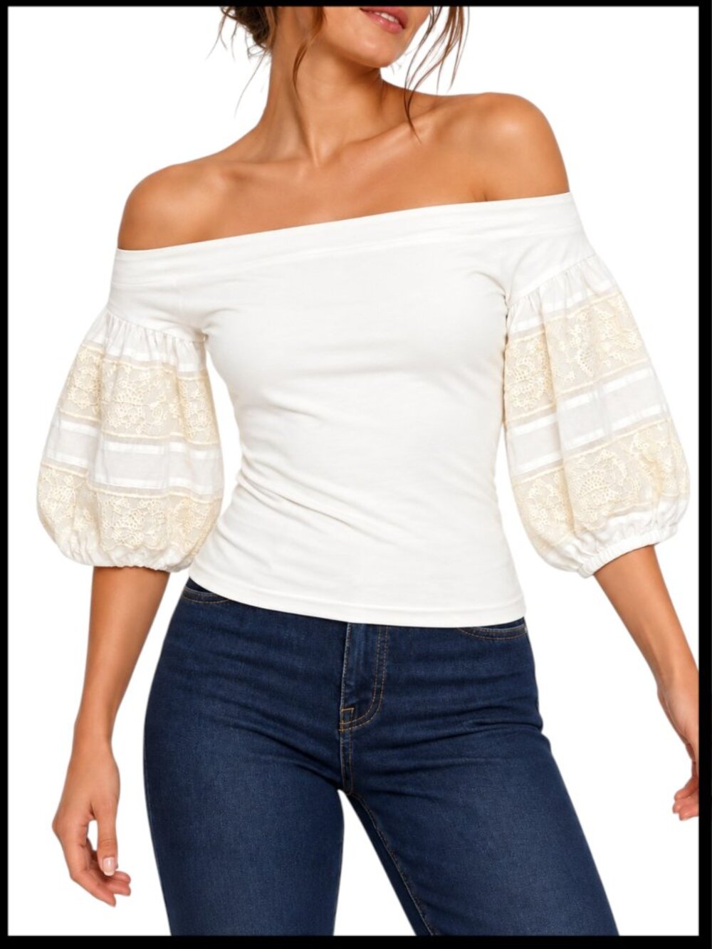 Free People Rock With It Ivory White Off Shoulder Embroidered Puff Sleeve Top S